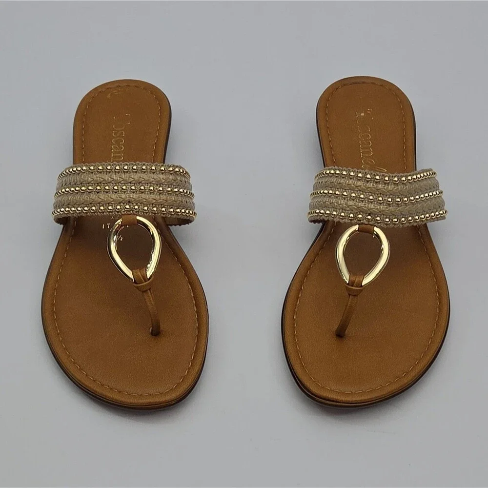 Toscanella Sandal Shoe Thong Flat Women Sz 7.5 Brown Gold Studs Slip-On Woven